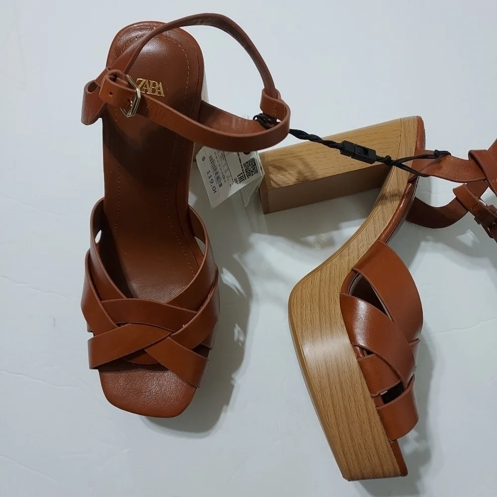 Zara Leather Platform block Wooded heel Crossed Straps sandal Sz-10
